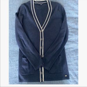 TOMMY NAVY BLUE PINSTRIPE VARSITY CARDIGAN